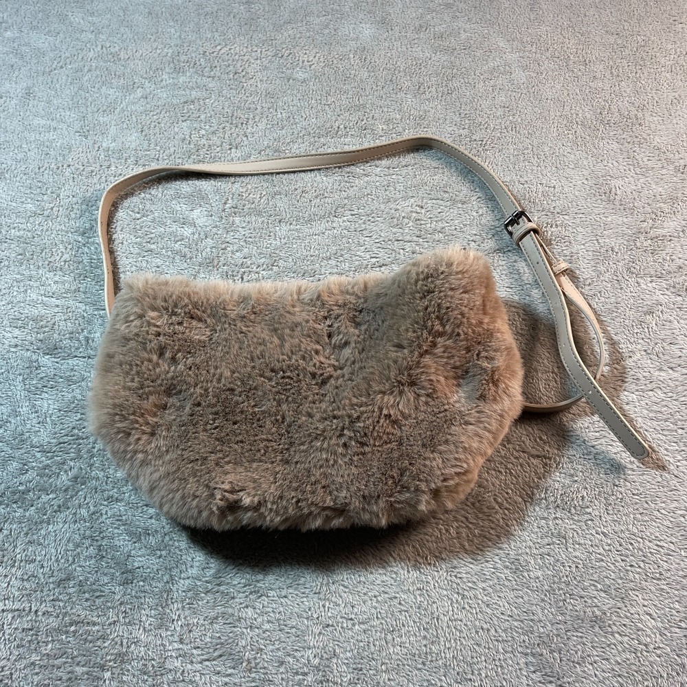 Expressions NYC Crossbody Bag Womens Small Taupe Faux Fur Adjustable Strap‎